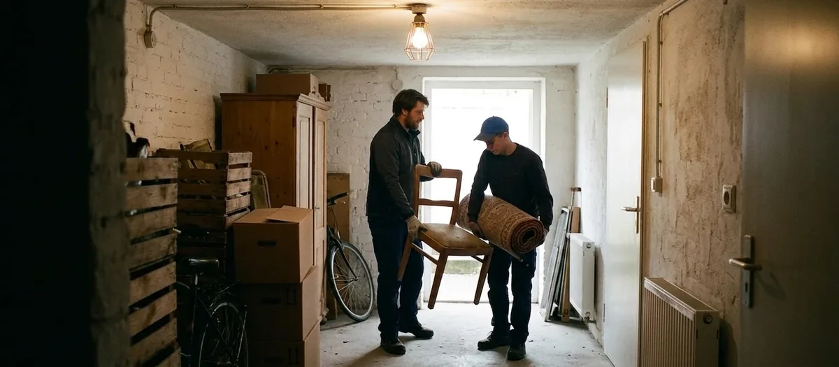 Zwei Helfer mit Handschuhen tragen einen alten Holzstuhl und einen zusammengerollten Läufer aus einem vollgestellten Kellergang ins Freie