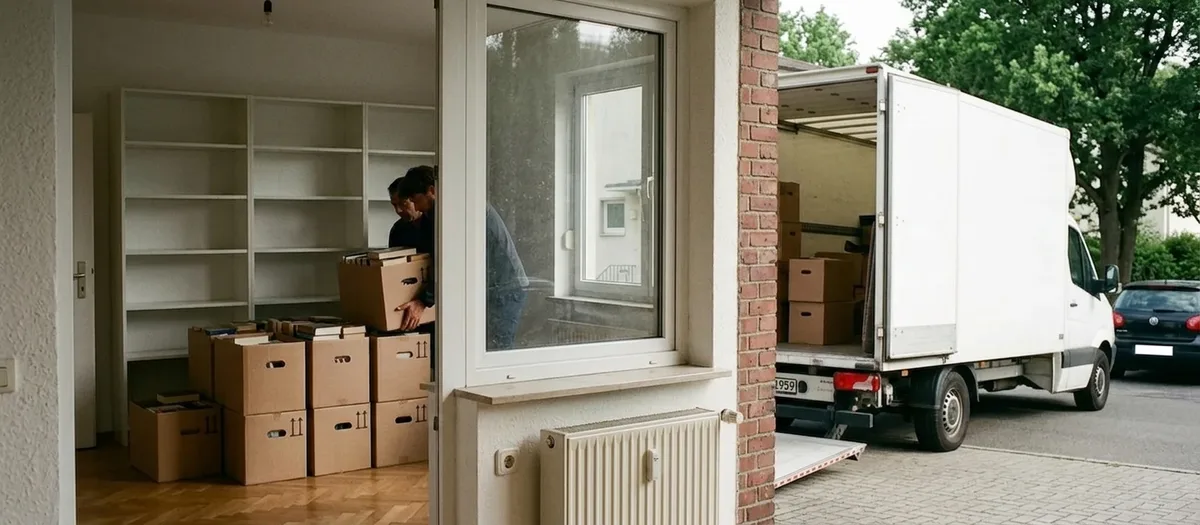 Blick durch eine offene Wohnungstür auf leere Regalbretter und gepackte Bücherkisten, draußen steht der Wagen mit offener Ladeklappe