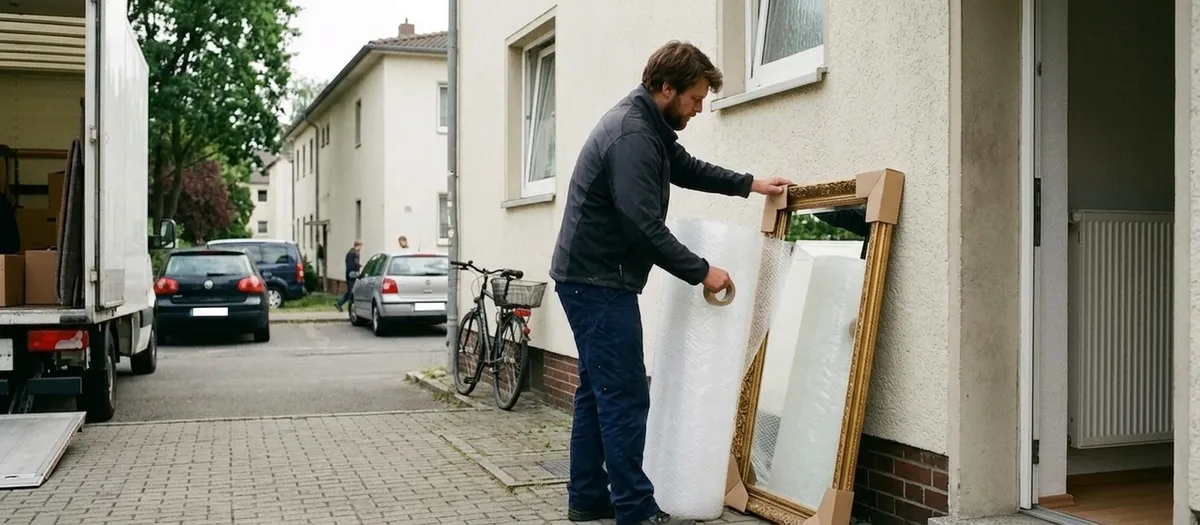 Ein Mitarbeiter schlägt einen gerahmten Spiegel in Luftpolsterfolie ein, dahinter steht der Wagen mit geöffneter Ladeklappe