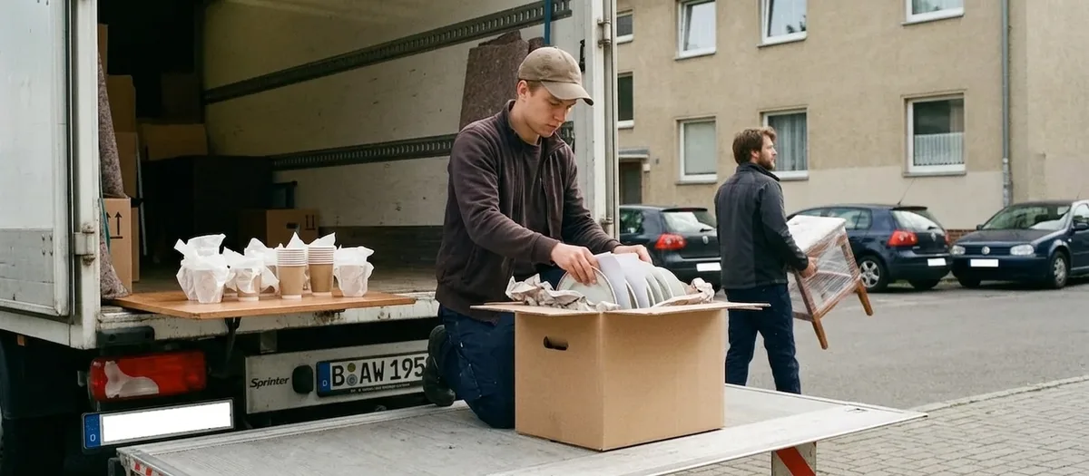 Auf der Ladeklappe eines Kofferwagens schlägt ein Helfer Geschirr in Papier ein, ein zweiter trägt einen Beistelltisch zum Wagen