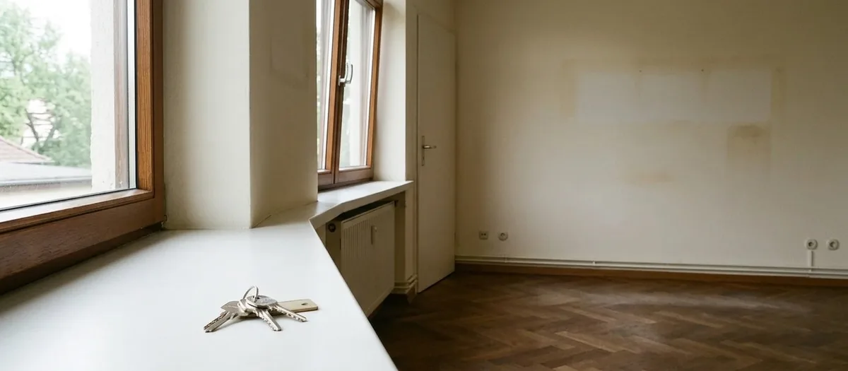 Leerer Wohnraum mit Fischgrätparkett und hellen Abdrücken an der Wand, auf der breiten Fensterbank liegt ein Schlüsselbund