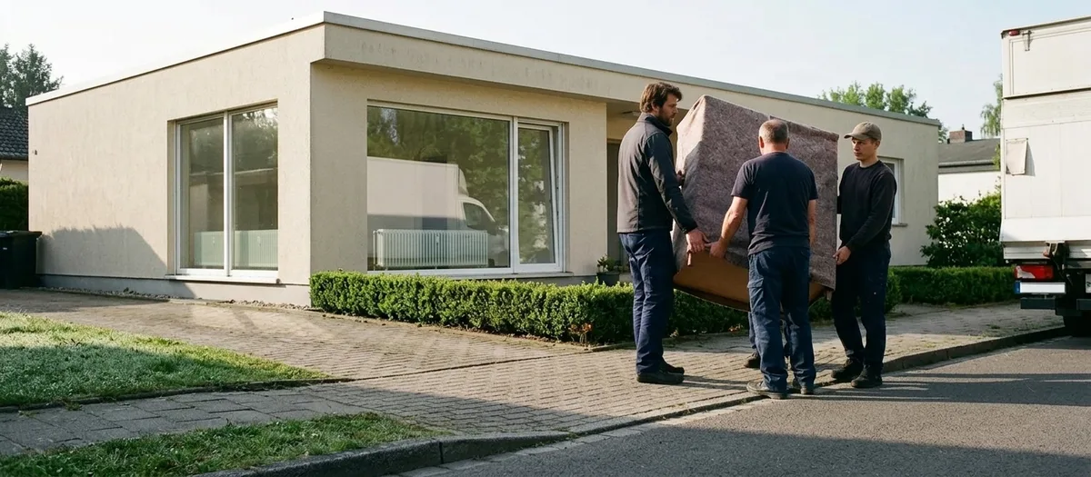 Drei Träger heben einen in Filz gepackten Schrank am Buchsbaumbeet eines flachen Bungalows mit Fensterfront über den Bordstein